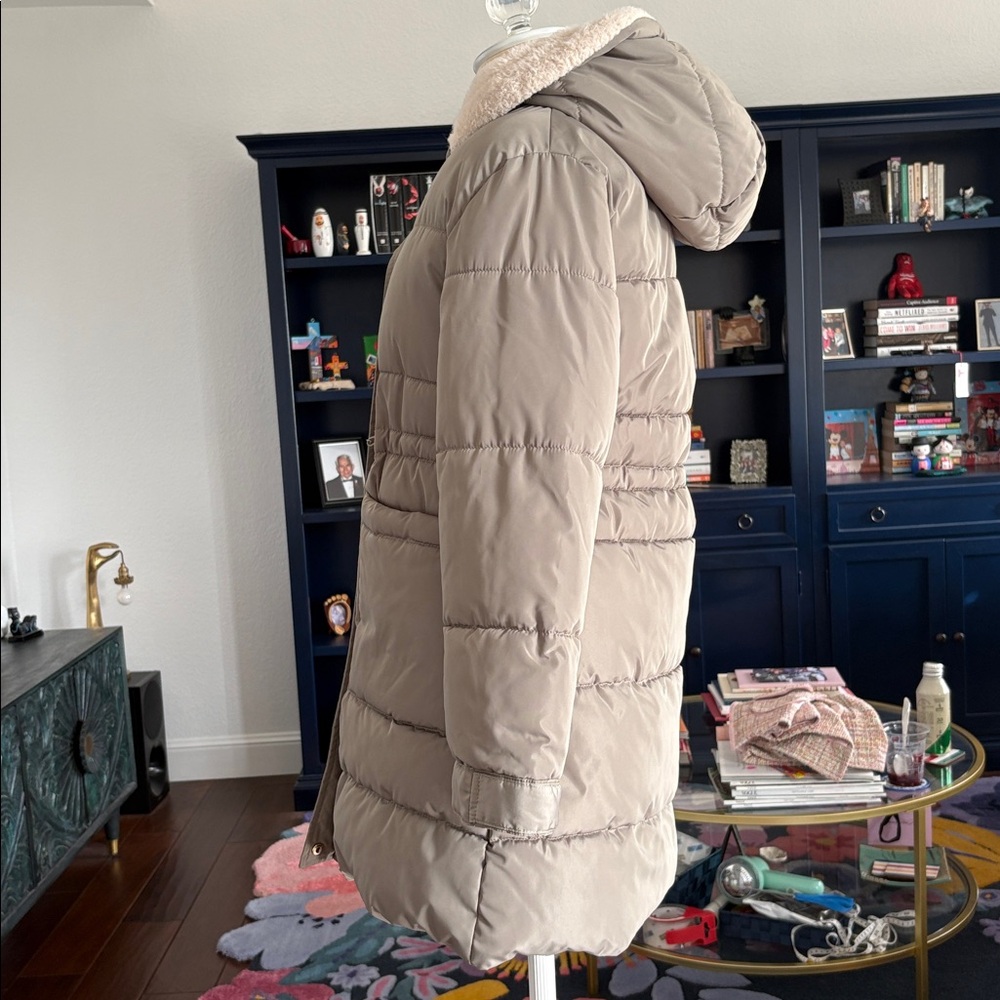 Zara Kid’s Olive Green Puffer Jacket with faux Sherpa Hood size 11-12 - Picture 5 of 8